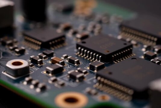 Delicate Macro Focus on Detailed Electronic Circuit Board Components for Technological Innovation