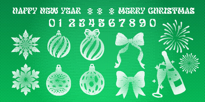 Pixel Dithering Monochrome New Year and Holidays Vector Set with Fireworks, Snowflakes, Baubles, Champagne, Numbers, and Text