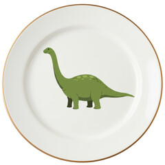 Fototapeta premium White Plate with Gold Rim Featuring a Green Dinosaur isolated on white background