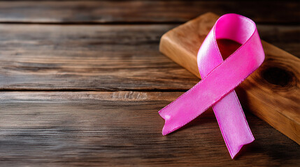 Pink awareness ribbon, wooden background surface, breast cancer health concept, medical care symbolism, healthcare advocacy display, top view perspective, flat lay composition , wi