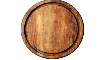 Wooden round board for serving and preparing food in a kitchen setting.