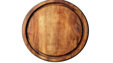 Wooden round board for serving and preparing food in a kitchen setting.