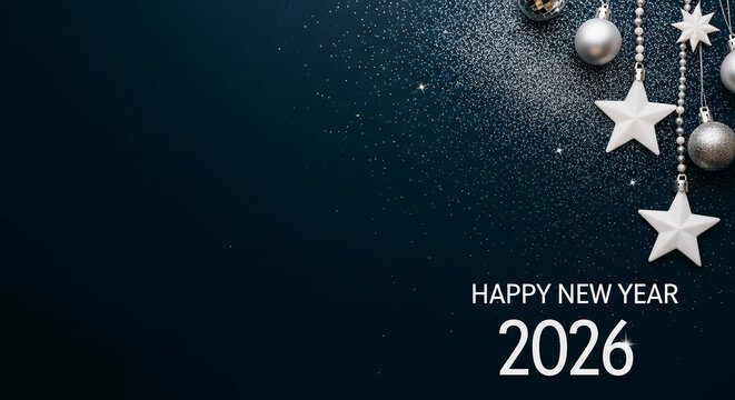 Image shows ornaments, stars, and glitter on dark blue background, representing celebration of Happy New Year 2026, conveying festive atmosphere - Powered by Adobe