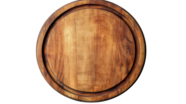 Wooden round board for serving and preparing food in a kitchen setting.