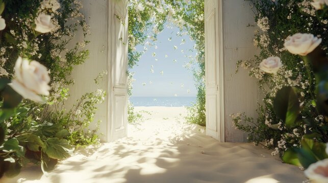 A dreamy gateway to paradise, floral archway leading to a serene beach scene