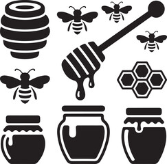 Honey vector illustration set beehive honeybees dipper honey jar and honeycomb