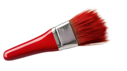 Red paintbrush with soft bristles used for art and crafts placed on a white background.