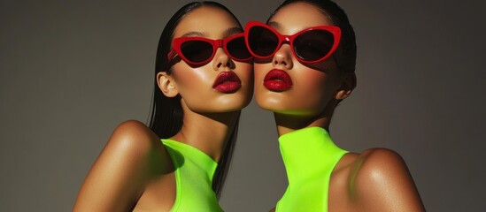 Glamorous fashion duo showcasing red sunglasses and vibrant neon tops
