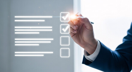 Hand completing digital checklist with pen in a business setting for task management and productivity