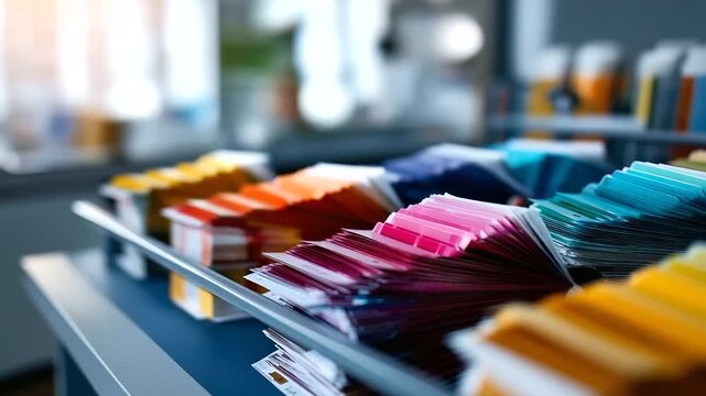 Overhead view of multiple color palettes arranged no faces visible color planning palette options design colors color schemes swatches layout color selection table