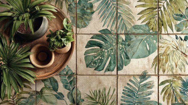 Serene botanical elegance with lush tropical plants and artistic leaf tile, perfect for a calming spa retreat or stylish eco-friendly interior design project