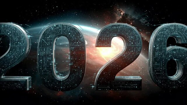 Futuristic "2026" Typography for New Year Floating Over a Deep Space Scene - Powered by Adobe