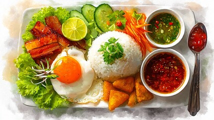 Vietnamese broken rice dish with fried egg, pork, and sauces