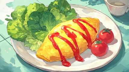 Anime style omurice with fresh lettuce and cherry tomato garnish