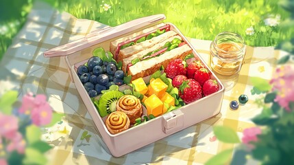 Anime style picnic lunchbox with sandwich and fresh fruit outdoors
