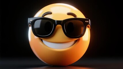 Cool emoji face with sunglasses spinning and dancing on black background video render animation