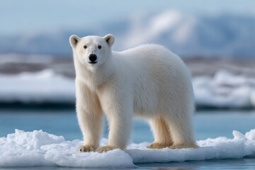 Polar bear standing on arctic sea ice looking at viewer