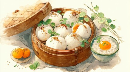 Watercolor painting of steamed buns with filling in a bamboo steamer