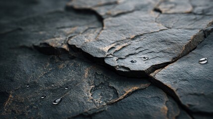 Close up of dark slate roof tile surface with water droplets