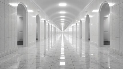 Endless white corridor with symmetrical arches and reflective floor