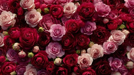A dense wall of deep red and pale pink ranunculus flower bloom