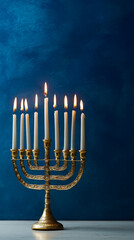 Illuminated menorah with burning candles against a dark blue background