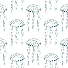Seamless pattern of blue jellyfish with flowing tentacle on a white background in line art style. Ideal for ocean marine and underwater card design.