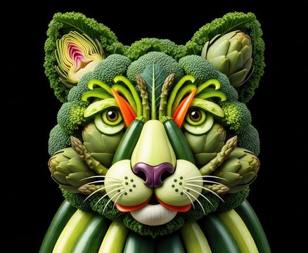 Feline Portrait Composed of Green Vegetables
