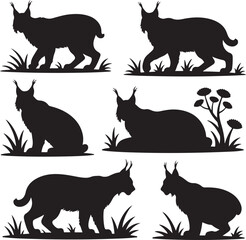 Lynx Silhouette Collection Isolated on White Background Wildlife Vector Illustration