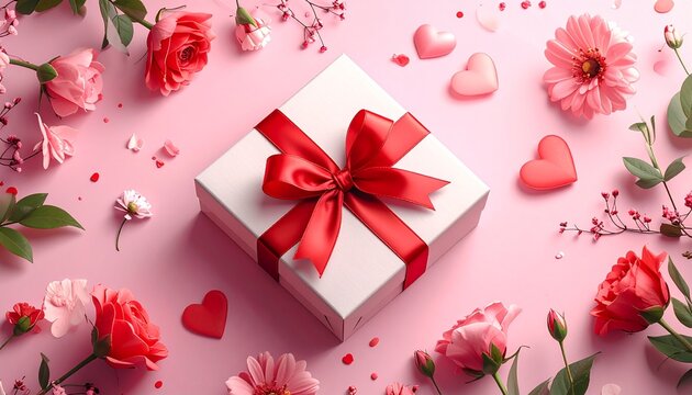Elegant white gift box with red ribbon surrounded by pink roses, gerbera daisies, and hearts for Valentine's Day, Mother's Day, or a special romantic occasion