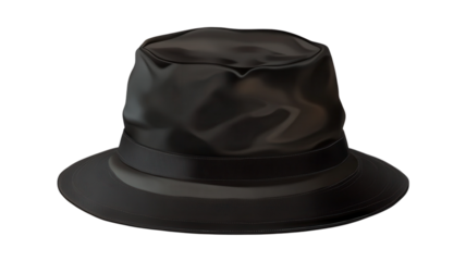 A black bucket hat designed for casual wear rests on a plain surface, showcasing its smooth and stylish appearance.