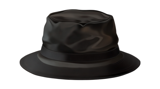 A black bucket hat designed for casual wear rests on a plain surface, showcasing its smooth and stylish appearance.