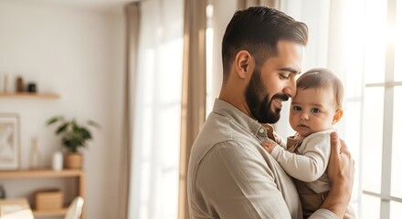 Young father gently cradling his infant baby near a bright sunlit window in a cozy modern home for a tender fatherhood and family love concept