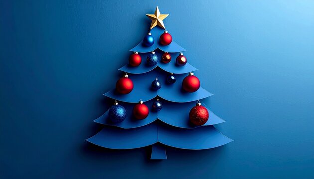 Festive Christmas tree with vibrant red and blue ornaments and a star on a trendy blue background for holiday cheer and design inspiration and seasonal promotions