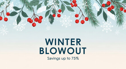 Illustration of winter foliage, red berries, and snowflakes against a gradient background, showcasing winter and holiday seasonal sales