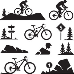 Mountain biking adventure icons and silhouettes for outdoor sports design