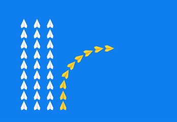 Yellow paper planes breaking from a group of white planes, symbolizing innovation, change, and thinking outside the box