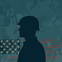 Minimalist Veterans Day illustration with soldier silhouette and stylized US flag background. Concept of honor, memory and military service for posters, banners, web design and holiday advertising mat