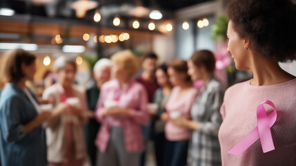 Support group gathering, cancer awareness community, pink ribbon solidarity, health advocacy event, breast cancer campaign, collective strength display, faceless participants prese