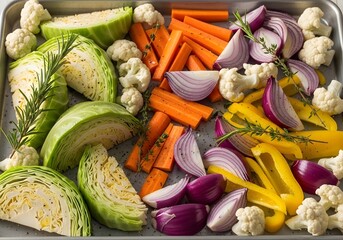 Assortment of fresh vegetables including cabbage, cauliflower, carrots, and bell peppers on a baking sheet