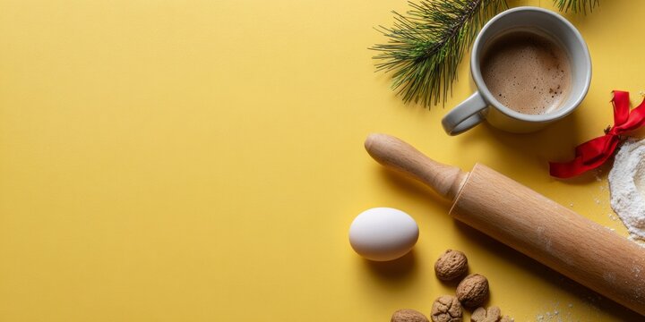Rolling pin and flour evoke a cozy baking atmosphere while a warm cup of coffee and festive decorations set the scene for holiday treats. Perfect for winter celebrations - Powered by Adobe