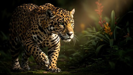 Obraz premium Majestic Jaguar Strolling Through the Lush Jungle Undergrowth.