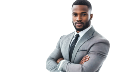 Man dressed in a grey suit stands confidently with arms crossed, showcasing a polished look and strong presence.