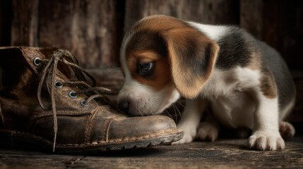 A soft, cozy indoor scene shows an adorable Beagle puppy curiously sniffing a worn leather shoe, explo scents in a charming and endea way indoors now.