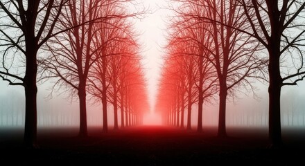 Mysterious red light piercing through bare trees