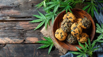 Cannabis-infused chocolate chip cookies arranged on a rustic wooden plate, surrounded by fresh marijuana leaves creating an inviting and warm ambiance.
