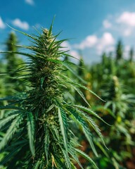 Close up view of cannabis plants with buds flowe naturally in a vast open field under a bright blue sky with scattered white clouds on a sunny day environment.