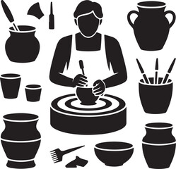 Pottery artist making clay pot on wheel with tools and vases