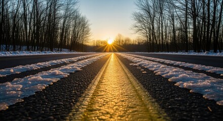 Golden path through winter forest at sunset