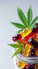 Colorful cannabis-infused gummy bears arranged in a glass jar with fresh marijuana leaves against a soft background, showcasing edible marijuana products.